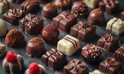 A tempting selection of artisanal chocolate pralines in various designs, perfect for gifting or indulgence. Free copy space for text.