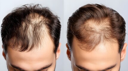 Visual infographic of hair regrowth journey, from hair loss to treatment stages, featuring before-and-after photos to demonstrate thick, healthy hair restoration