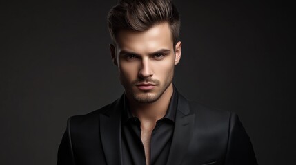 A stylish young man dressed in a sleek black suit poses confidently against a dark background in an artistic studio setting