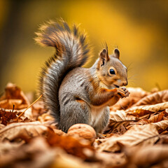 Obraz premium A photorealistic image of a squirrel exploring a pile of colorful leaves, searching for hidden treasures
