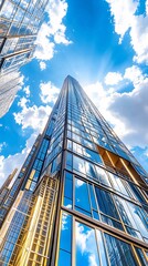Fototapeta premium Modern Skyscraper Reflecting Blue Sky and Clouds.
