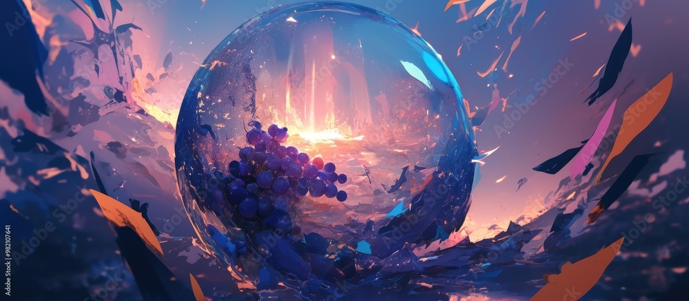 Poster artwork depicting a grape illustration emerging from a shattered eggshell and moving towards a sourc