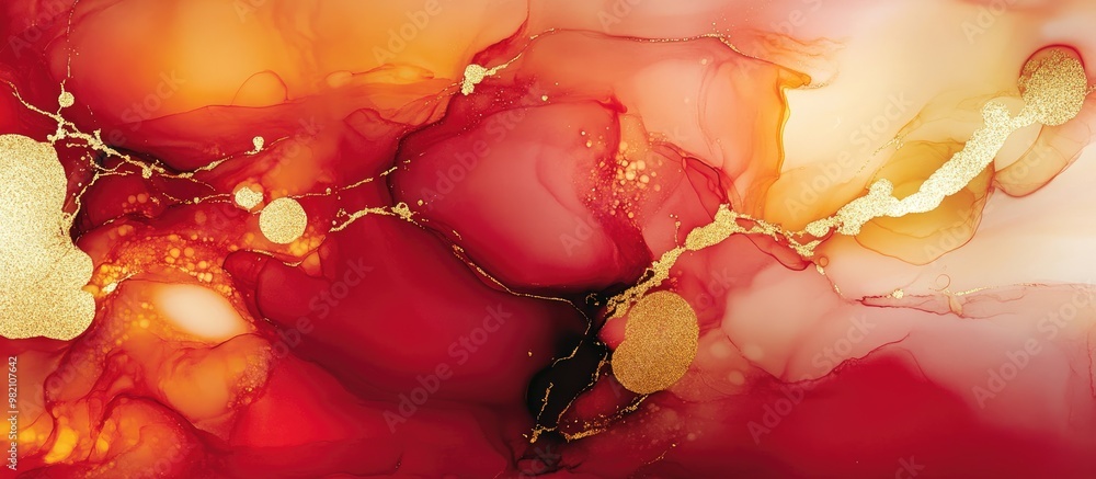 Poster luxury abstract fluid art piece created using alcohol ink technique featuring a blend of red yellow 