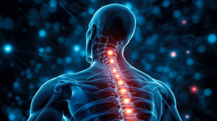 Digital visualization of a human spine showing nerve activity and pain areas in a dark background