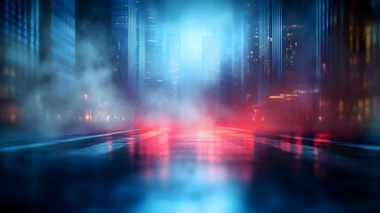 Obraz premium Neon Cityscape Background with Foggy Street, Blue and Red Lights Reflecting on Wet Asphalt