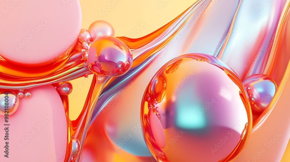 Poster abstract background with colorful spheres and liquid shapes.