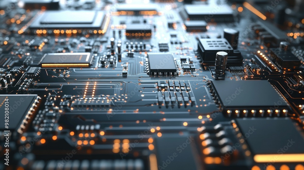Aufkleber close-up of a wireless audio circuit with microchips, capacitors, and traces, set on a clean white i