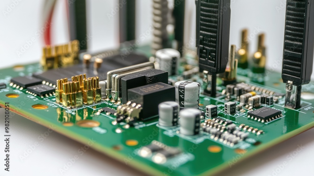 Poster close-up of a wireless audio circuitaes components, including microcontrollers and antennas, against