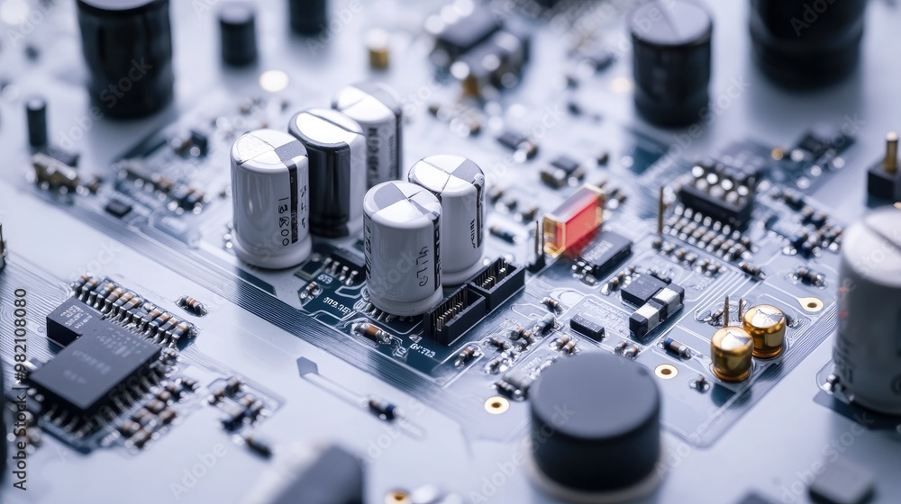 Poster close-up of an audio circuit for wireless communication, featuring precision components, isolated on