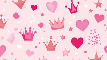 Vector illustration of a pink princess pattern Ideal for baby birthday cards shower invitations children s wallpaper and fabric Charming design featuring stars crowns diamonds and hearts