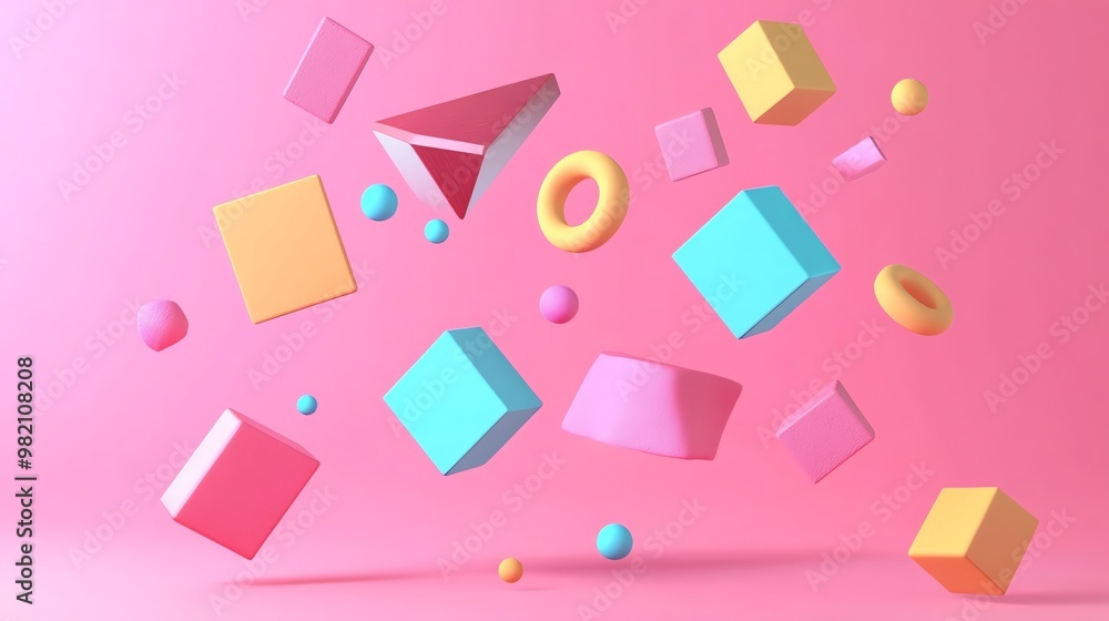 Aufkleber a pink background with floating geometric shapes in various colors and sizes.