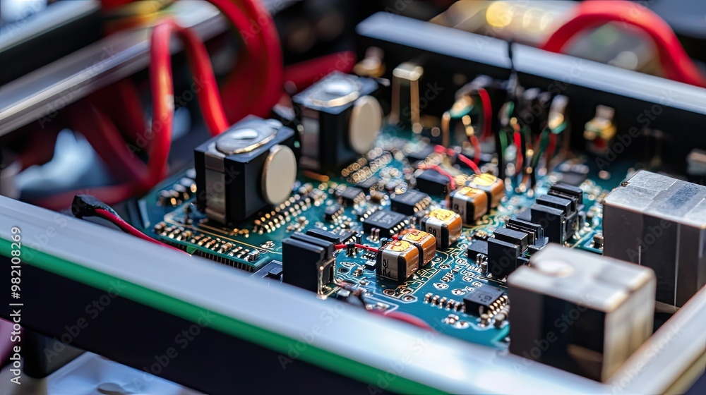Poster close-up of an electronic board for controlling servos, highlighting precision wiring and integrated