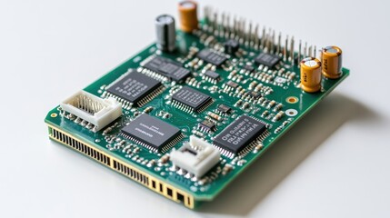 Close-up of an electronic board for servos, featuring connectors and microchips, displayed on a white isolated background with clean details.