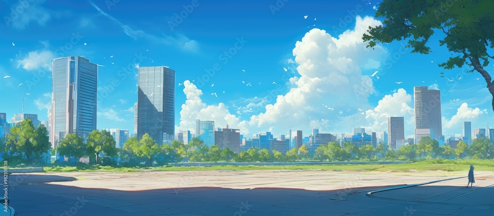 Poster panoramic view of a skyline featuring buildings with an empty concrete square in the foreground