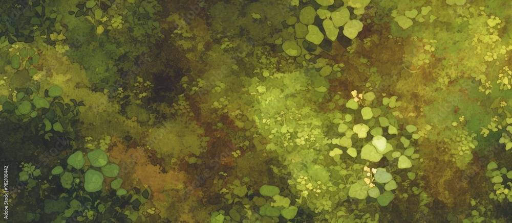 Poster close up painting of lush green moss on the ground showcasing intricate details ideal for creating a