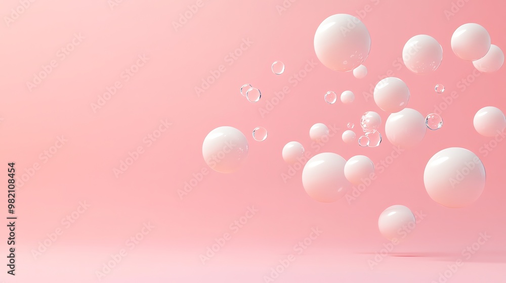 Aufkleber abstract minimal background with white spheres floating on a pink background.
