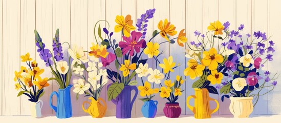 Vibrant spring flowers arranged in a vase against a light wooden backdrop