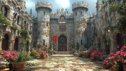 A picturesque medieval castle courtyard adorned with flowers.