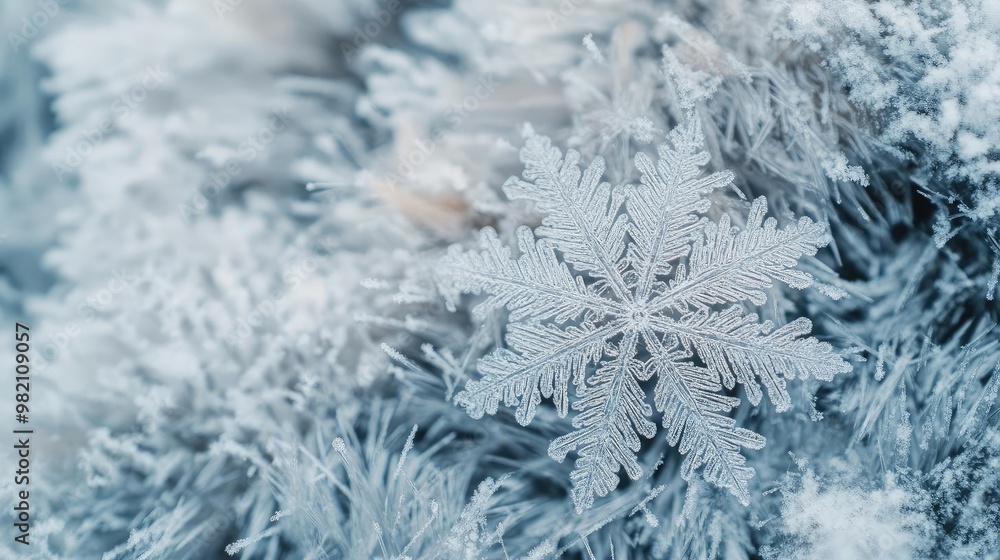 Poster close-up of a delicate snowflake resting on a frosty surface, showcasing intricate patterns and the 