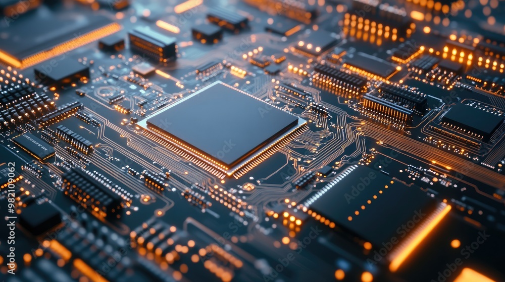 Poster close-up of microchips and wireless circuit elements on a clean white isolated background, showcasin