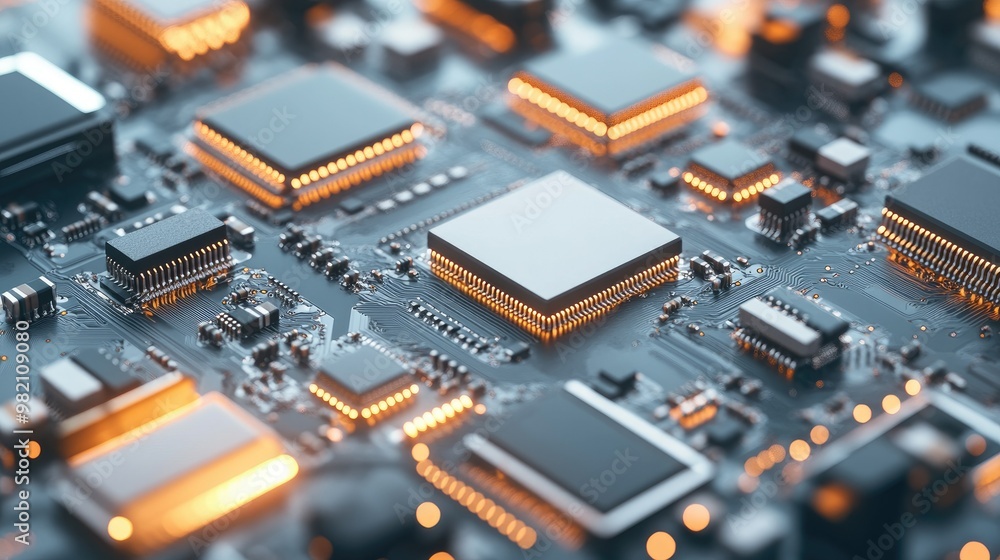 Poster close-up of microchips and wireless circuit elements on a clean white isolated background, showcasin