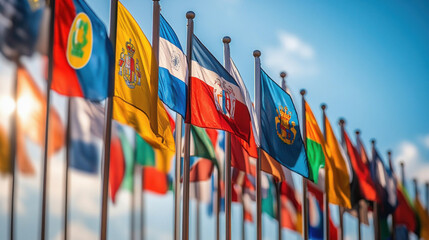 International flags waving in the wind on a sunny day