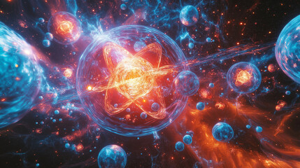 Obraz premium Fusion and fission processes combined, showing atomic energy generation and particle interactions 