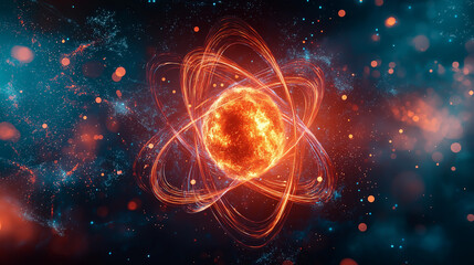 Fototapeta premium Fusion and fission processes within the atomic nucleus, visualizing energy interaction and particle dynamics 