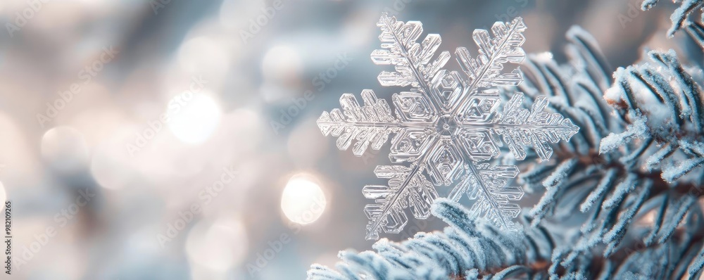 Poster beautiful close-up of a snowflake resting on a pine branch, capturing the essence of winter with sof