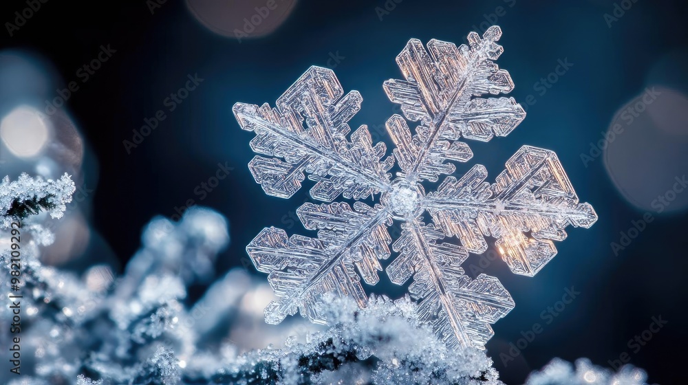 Poster close-up of a delicate snowflake perched on a frosty surface, showcasing intricate patterns and spar