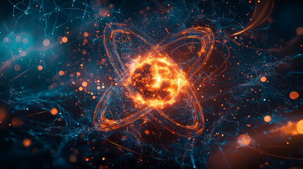 Fototapeta premium Energy splitting in a nuclear fission process, atomic particles breaking apart, releasing energy in waves 