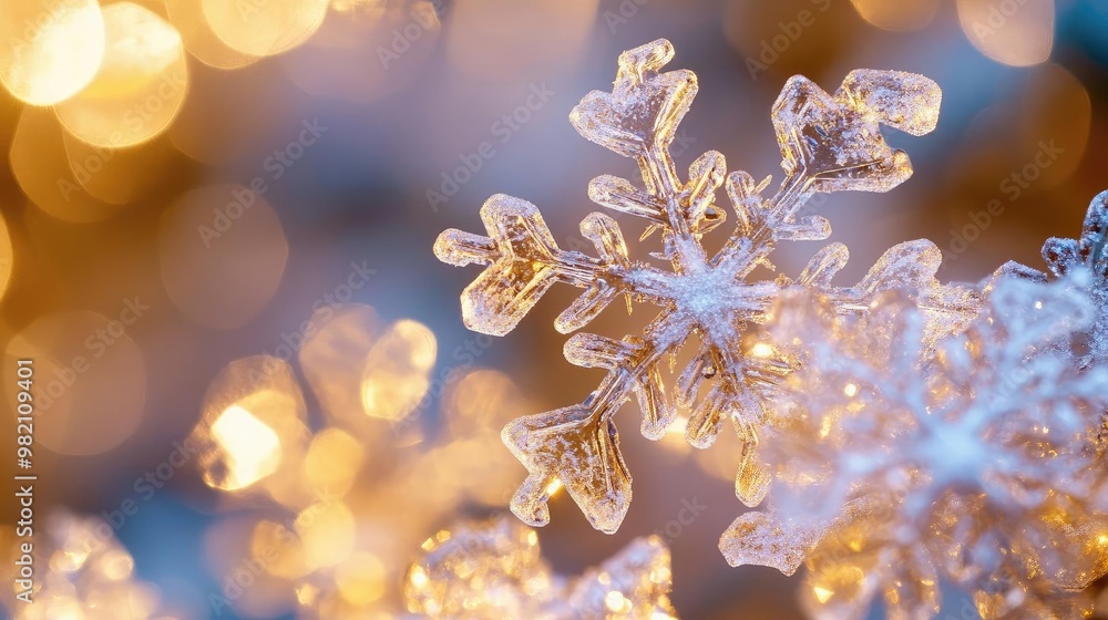 Poster close-up of a delicate snowflake with shimmering lights in the background, capturing the essence of 