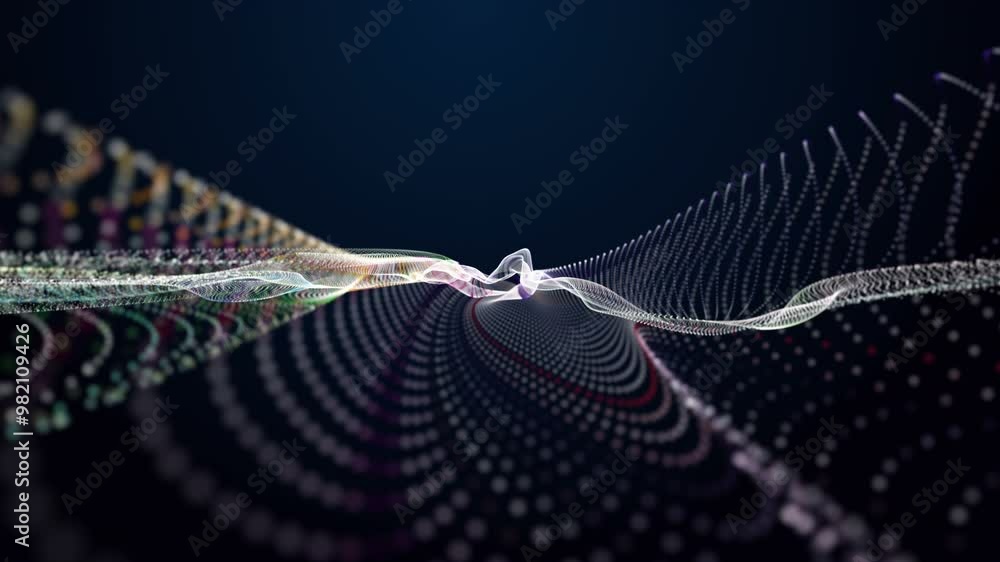 Poster futuristic video animation with particle wave object in slow motion, 4096x2304 loop 4k