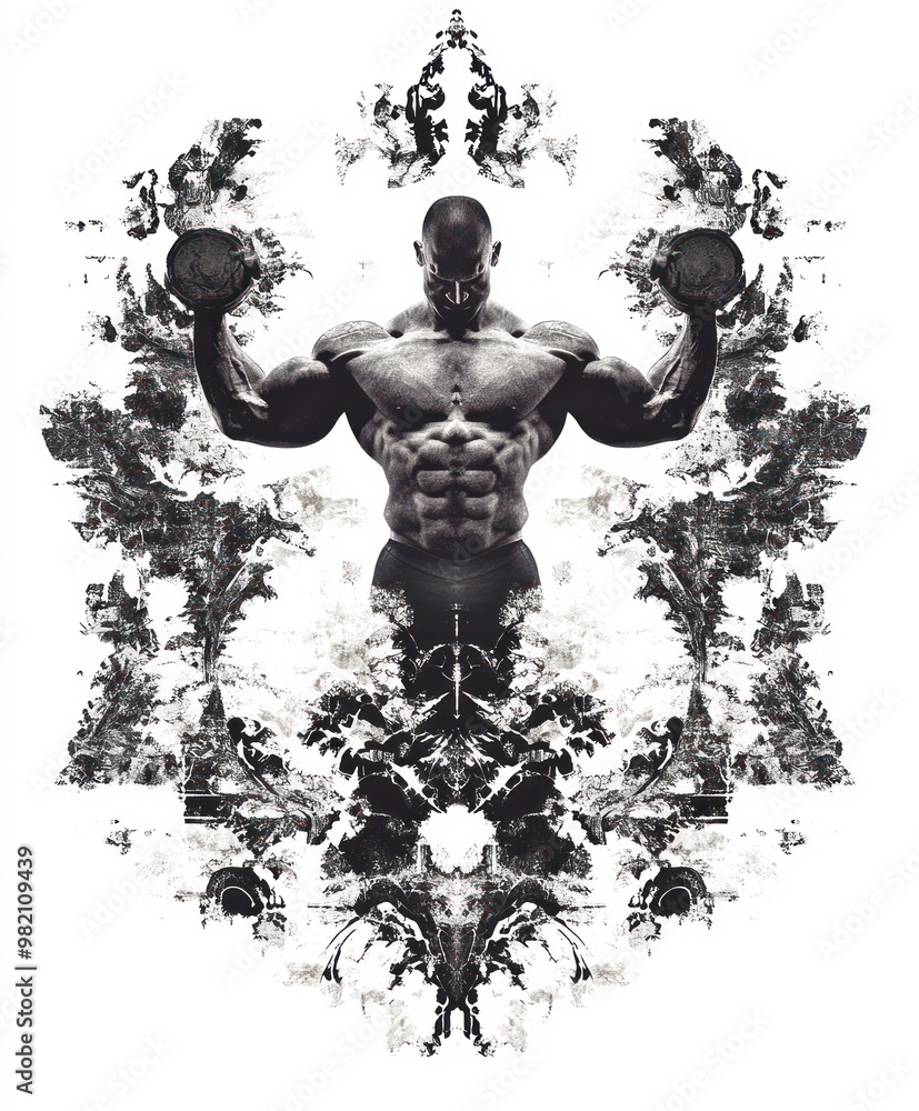 Wall mural A muscular figure lifting weights, surrounded by abstract artistic elements.