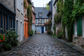 Charming cobblestone street with colorful houses covered in ivy