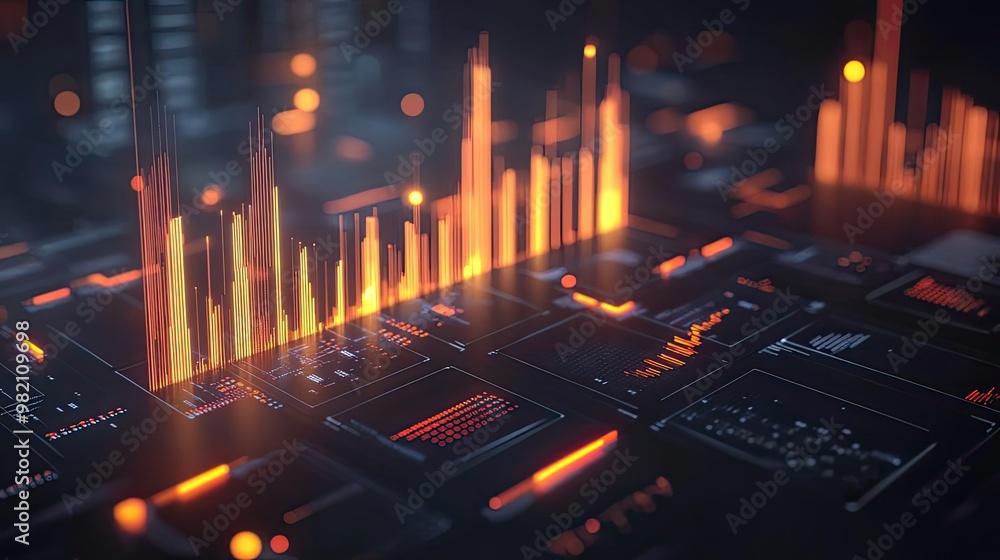 Poster abstract data visualization with glowing orange bars, representing technology, metrics, and digital 