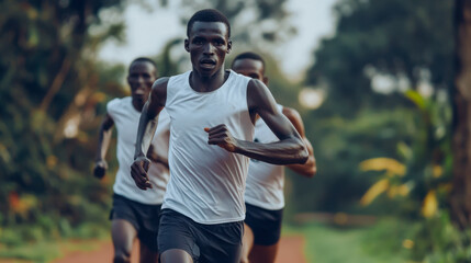 Obraz premium Runners training on a dirt track in a lush green environment during late afternoon sun