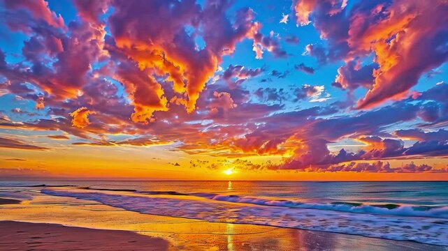Colorful sunset over ocean, colorful clouds, beautiful horizon line