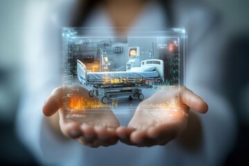 Hologram of a hospital bed from medical facilities in womans hands