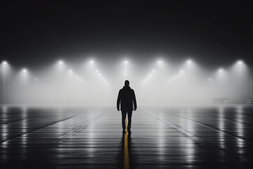 Man walking alone through illuminated foggy street at night creating a mysterious atmosphere