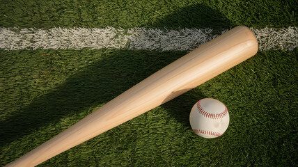 Isolated close-up of an old leather baseball bat with a white ball resting on green grass, ready for a game