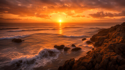 Beautiful sunset over the ocean, reflecting orange hues on the sandy beach as waves gently lap against the shore