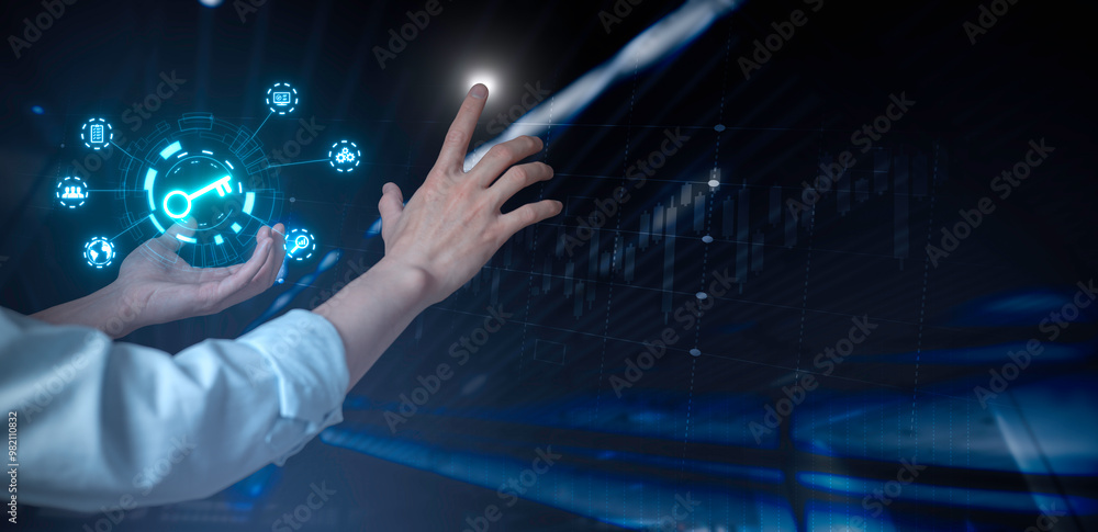 Poster key unlock business man holding and managed his cybersecurity and privacy to protect data by key ico