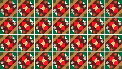 Seamless decorative geometric pattern combination of colorful shapes perfect for Christmas cards, printing, design backgrounds, wallpaper and tiles, gift wrapping