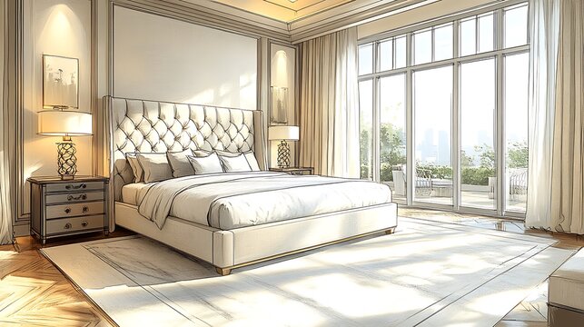 An elegant bedroom sketch showcasing a large bed with a tufted headboard, bedside tables, and full-length windows framed by curtains, soft light casting gentle shadows throughout the room,