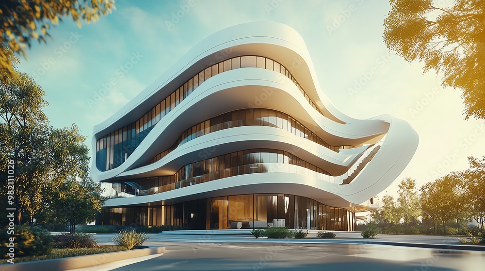 Poster modern architecture with a sleek white facade and curved lines.
