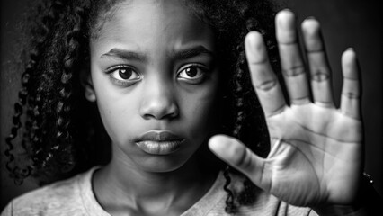 Confident african teenager girl in a serious expression with hand raised