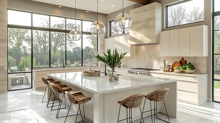 Contemporary kitchen sketch featuring a spacious island with modern bar stools, elegant pendant lights, and minimalist cabinetry. Large windows bring in soft natural light,