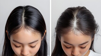 Before-and-after scalp images showing a remarkable transformation in hair density, from sparse hair coverage to a thick, lush hairline after treatment
