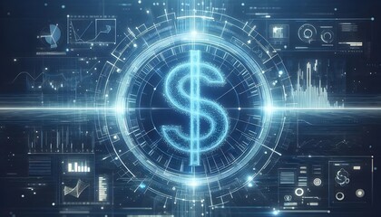 Digital hologram of a dollar sign with blue lines and data points on a white background. Concept of virtual financial transactions. 3D Rendering